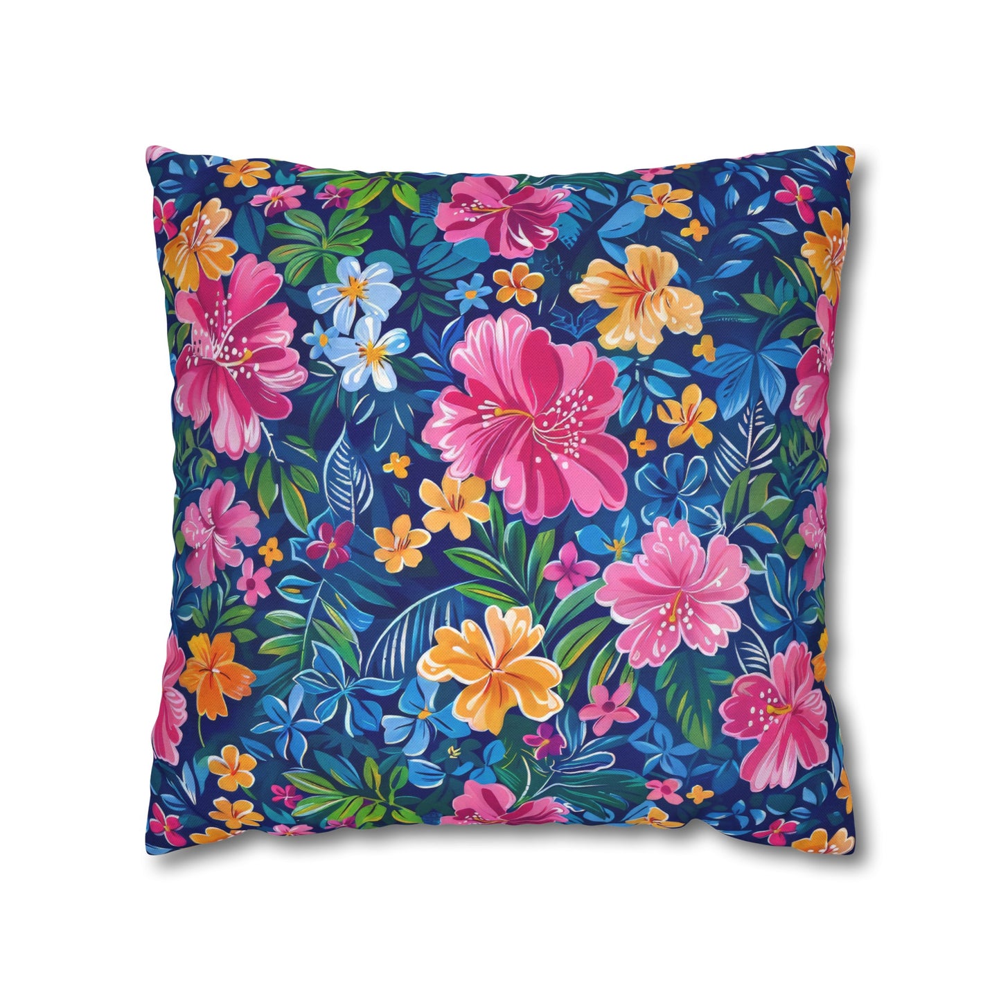 Tropical Sunrise Bloom: Pink Watercolor Flowers with Yellow and Blue Accents Spun Polyester Square Pillowcase 4 Sizes