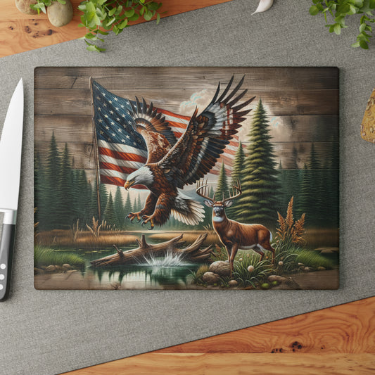 American Bald Eagle, American Flag in Wildlife Scene Glass Cutting Board, Charcuterie Serving Tray 2 Sizes