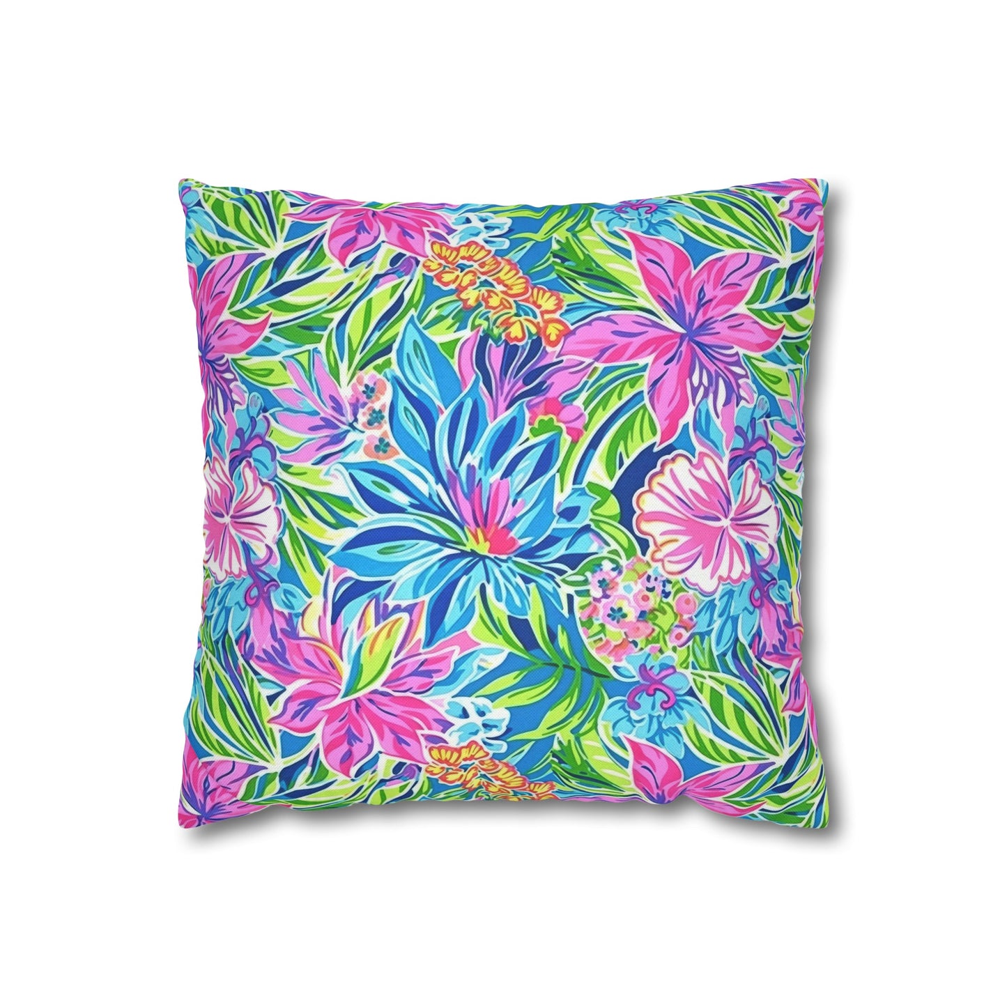 Summer Harmony: Pink and Blue Blooms with Lush Green Leaves Spun Polyester Square Pillowcase 4 Sizes