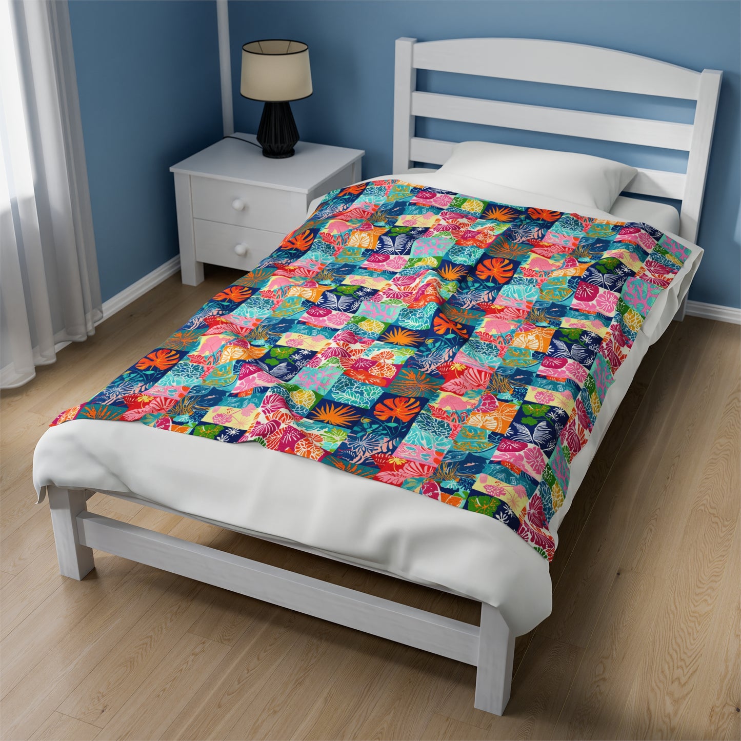 Vibrant Mosaic of Tropical Unique Shapes and Hues, from Vivid Oranges to Deep Blue Leaves and Flowers Velveteen Plush Blanket 3 Sizes