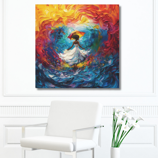 Woman in Flowing White Dress Dancing Amid Vibrant Flames and Cascading Water Print on Canvas Gallery - 12 Sizes