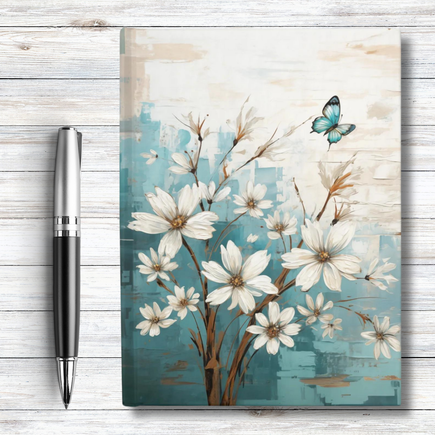 Rustic Farmhouse Teal and White Wild Daisies and Butterflies - Hardcover Ruled Line Journal 5" x 7"