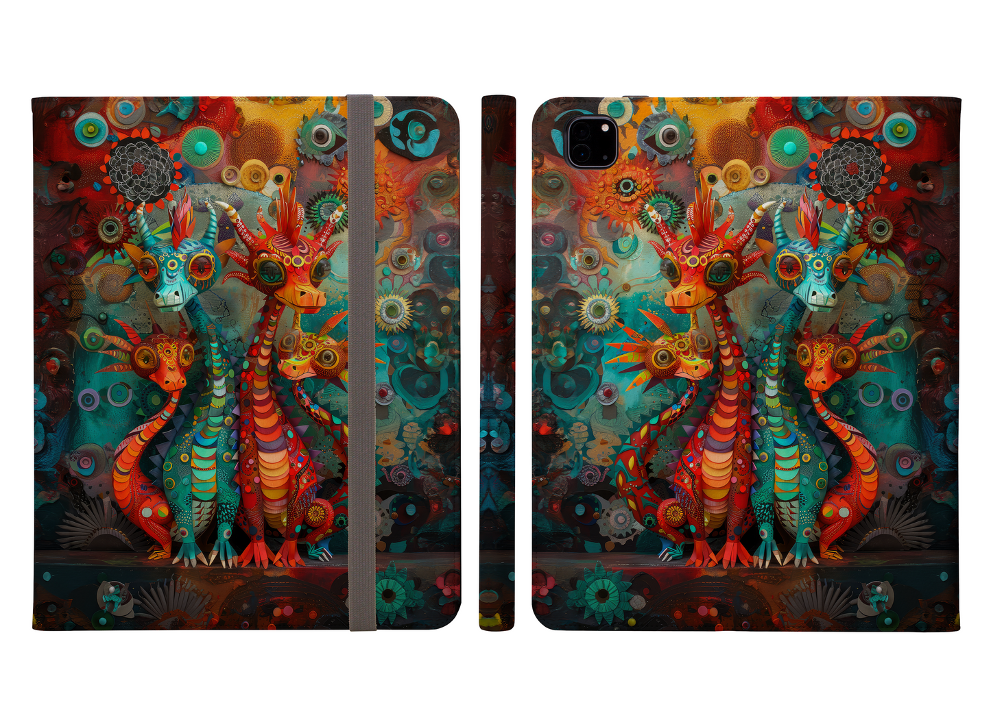 Vibrant Dragons in an Eccentric Palette of Colors and Dreamlike Patterns Ipad Pro 11 & Pro 12.9 Protective Case and Pencil Holder