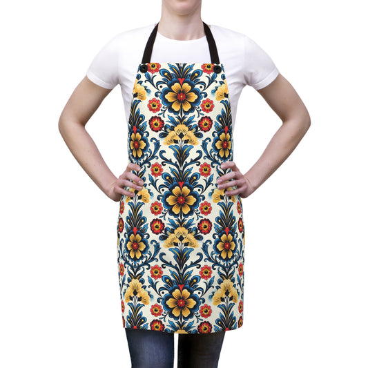 Baroque Blossom of Floral Elegance in Deep Blues and Sunny Yellows Kitchen Chef Apron