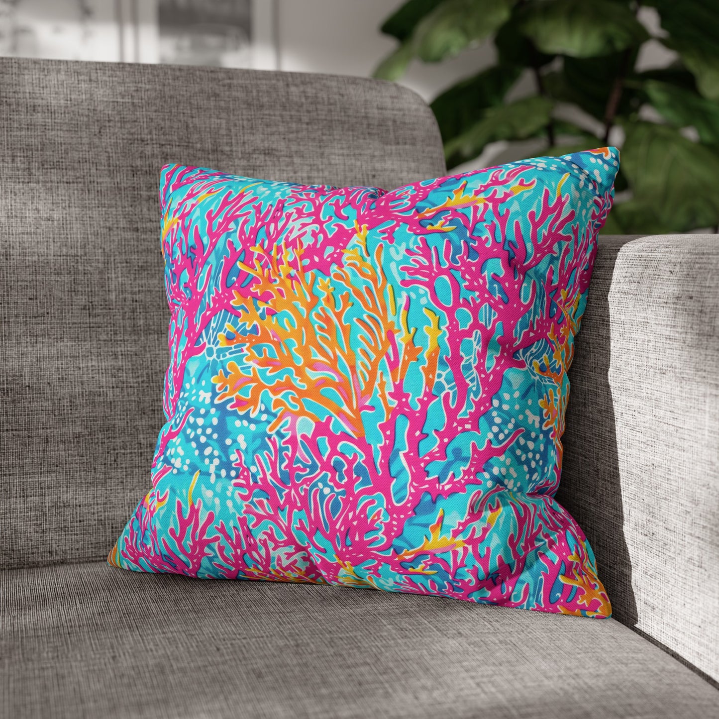 Coral Symphony: Bright Pink, Yellow, and Coral Dancing in the Blue Ocean Spun Polyester Square Pillowcase 4 Sizes