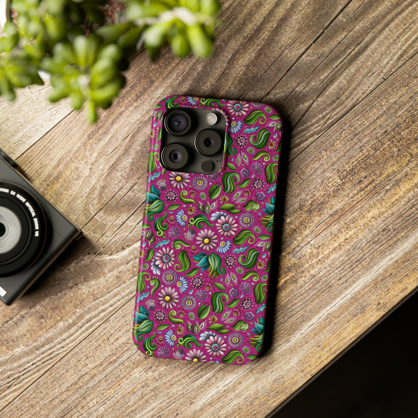 Purple & Pink Daisy Floral Print Hot Pink Background Iphone 15-12 Slim Phone Case