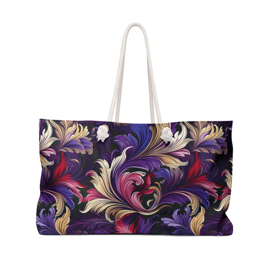 Purple, Gold & Pink Floral Swirls of Foliage Design - Weekender Oversized Canvas Tote Bag 24" × 13"