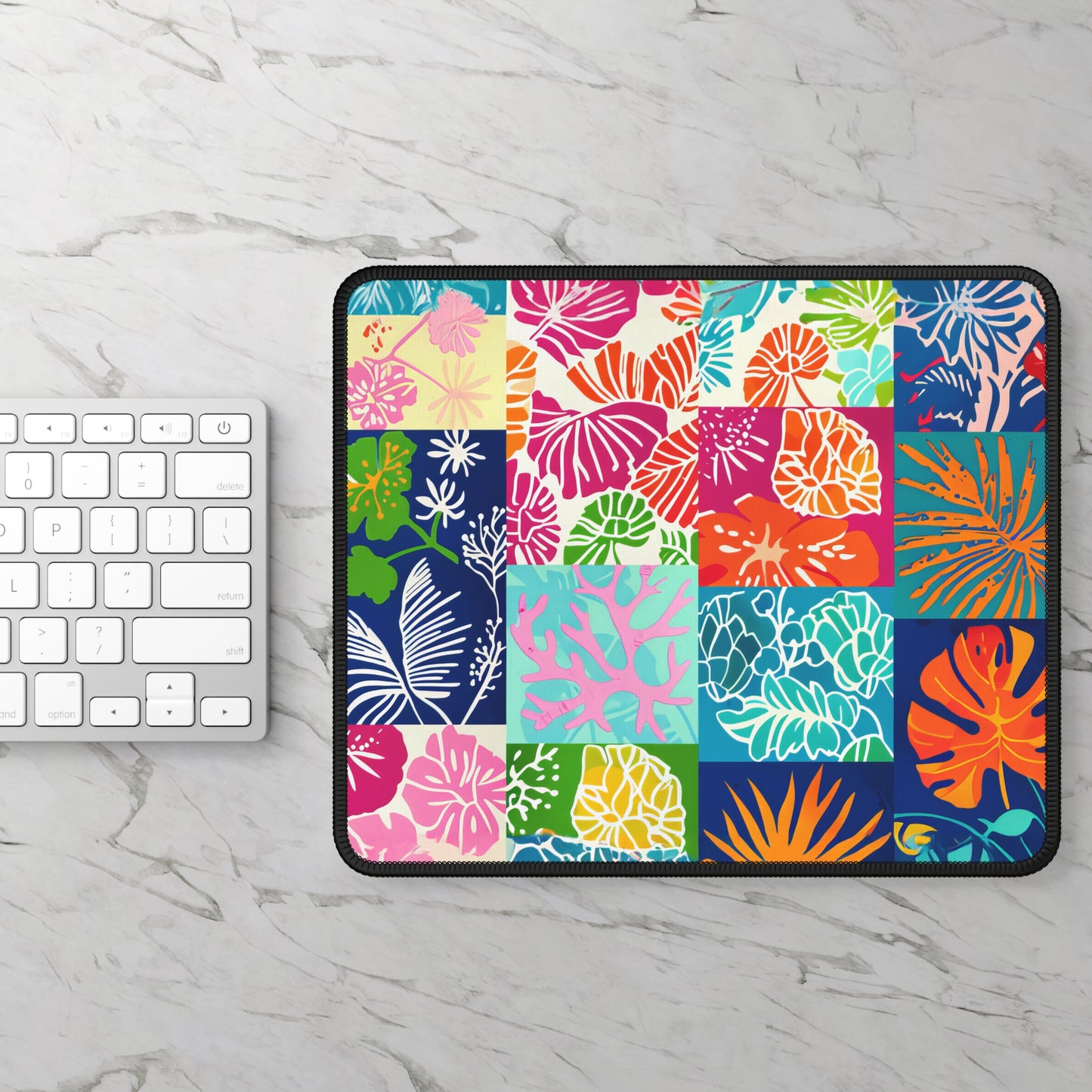 Vibrant Mosaic of Tropical Unique Shapes and Hues, from Vivid Oranges to Deep Blue Leaves and Flowers Mouse Pad with Finished Edges