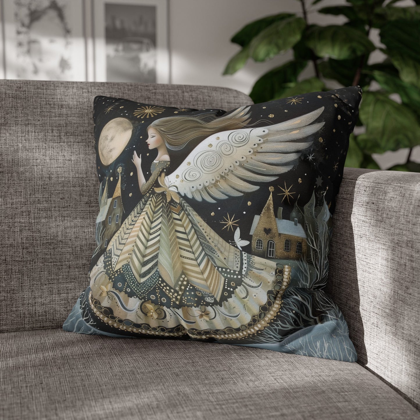 Frosty Angelic Glow: Angel Illuminated by Moonlight on a Snowy Night Spun Polyester Square Pillowcase 4 Sizes