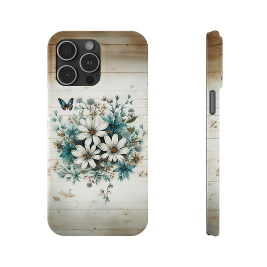 Rustic Charm Bouquet featuring Teal Accents White Wild Daisies with Butterflies  Iphone 15-12 Slim Phone Case