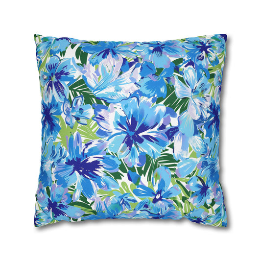 Azure Bloom Oasis: Bright Blue Large Flowers with Lush Green Palm Leaves Spun Polyester Square Pillowcase 4 Sizes