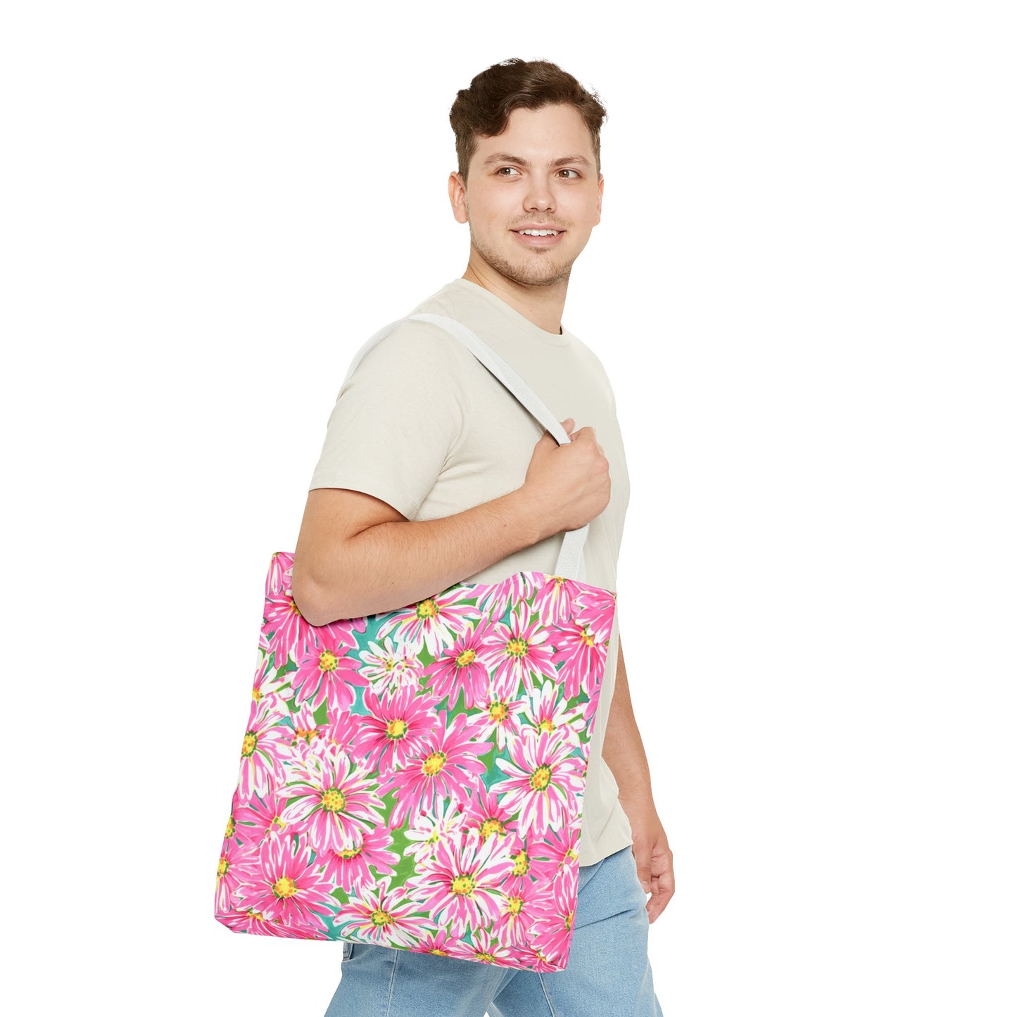 Springs Whisper: Watercolor Pink Daisies Dancing on a Lush Green Stage Canvas Tote Bag 3 Sizes