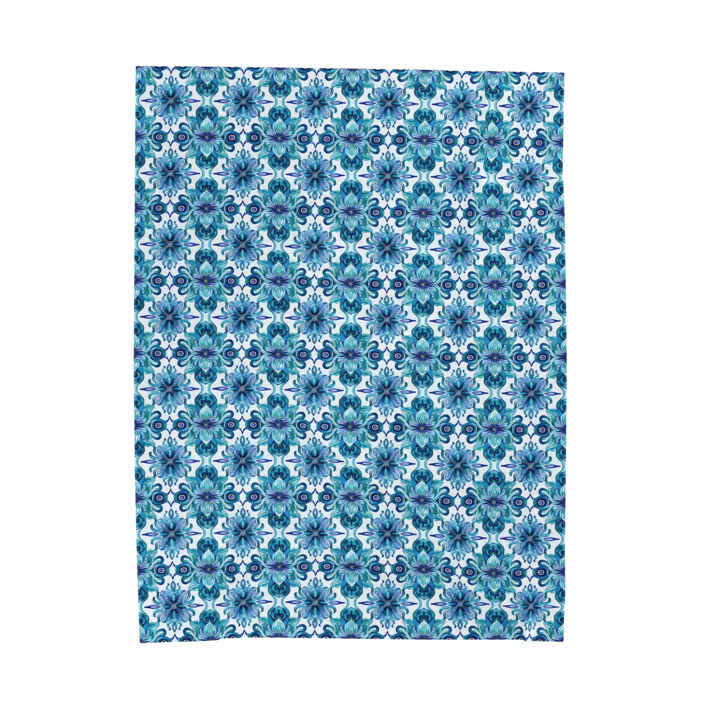 Blossom Symphony of Blue Teal Intricate Floral Pattern Velveteen Plush Blanket 3 Sizes