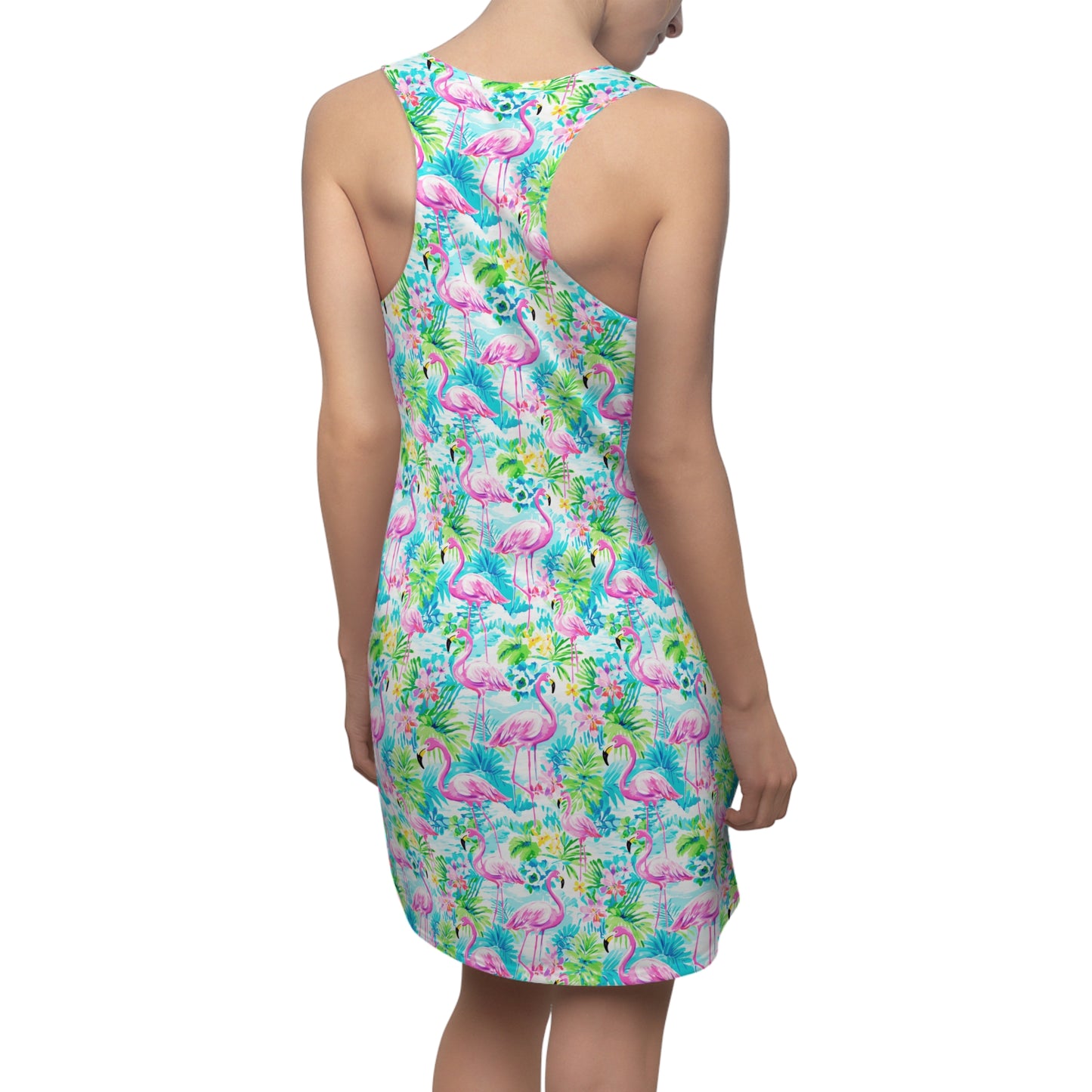 Tropical Flamingo Haven: Surrounded by Flowers and Palm Trees Women's Racerback Dress XS - 2XL