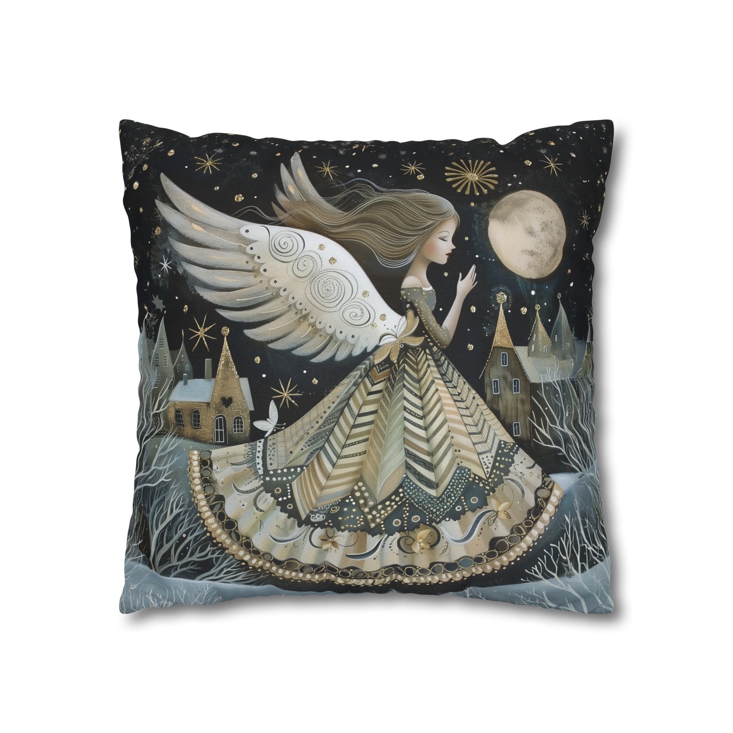 Frosty Angelic Glow: Angel Illuminated by Moonlight on a Snowy Night Spun Polyester Square Pillowcase 4 Sizes