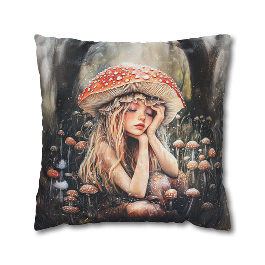 Woodland Nymph Slumbers Beneath a Mushroom's Shade Spun Polyester Square Pillowcase 4 Sizes