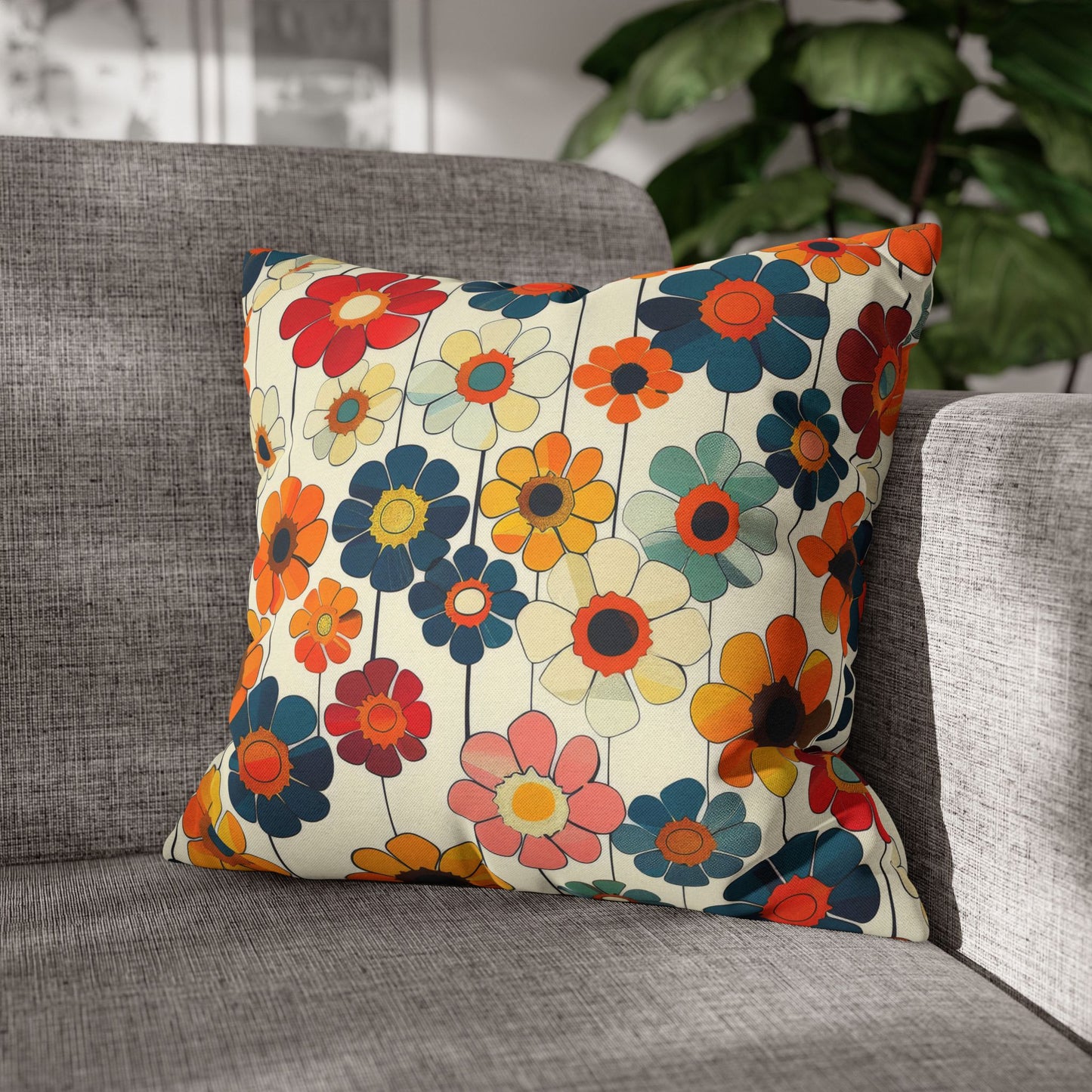 Blooming Joy Vibrant Retro Floral Pattern Spun Polyester Square Pillowcase 4 Sizes