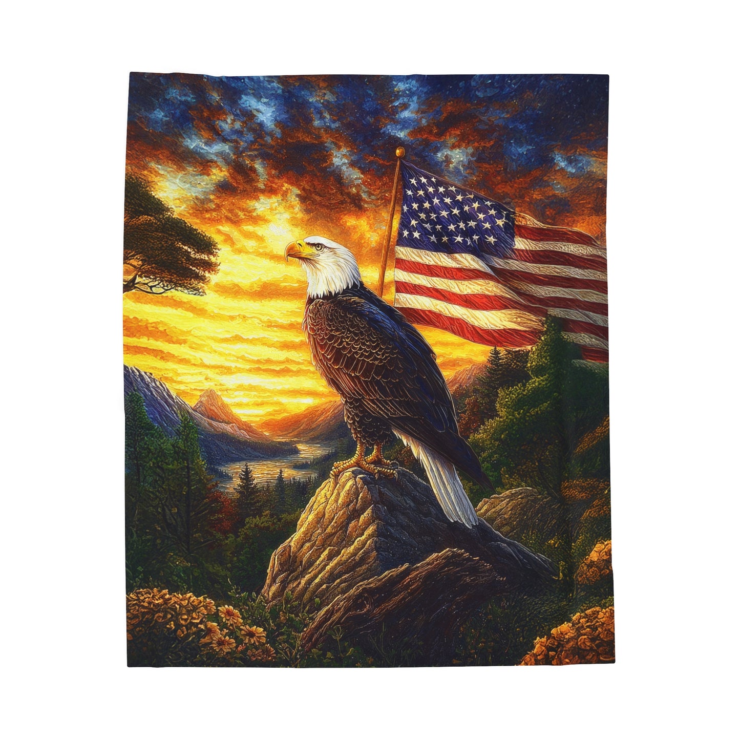 Majestic Bald Eagle with American Flag at Golden Sunset Velveteen Plush Blanket 3 Sizes