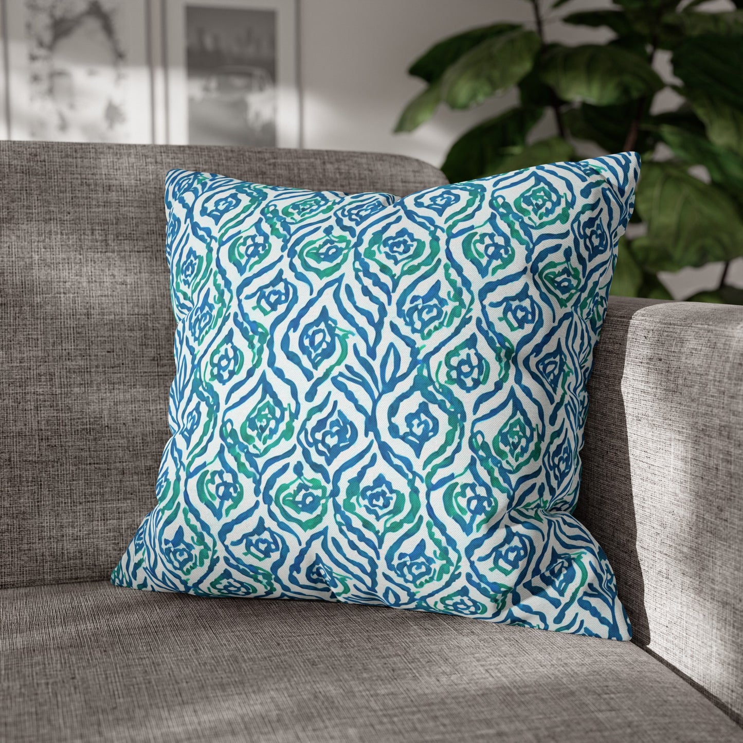 Cool Breeze Elegance: Abstract Damask Pattern in Green and Blue Spun Polyester Square Pillowcase 4 Sizes