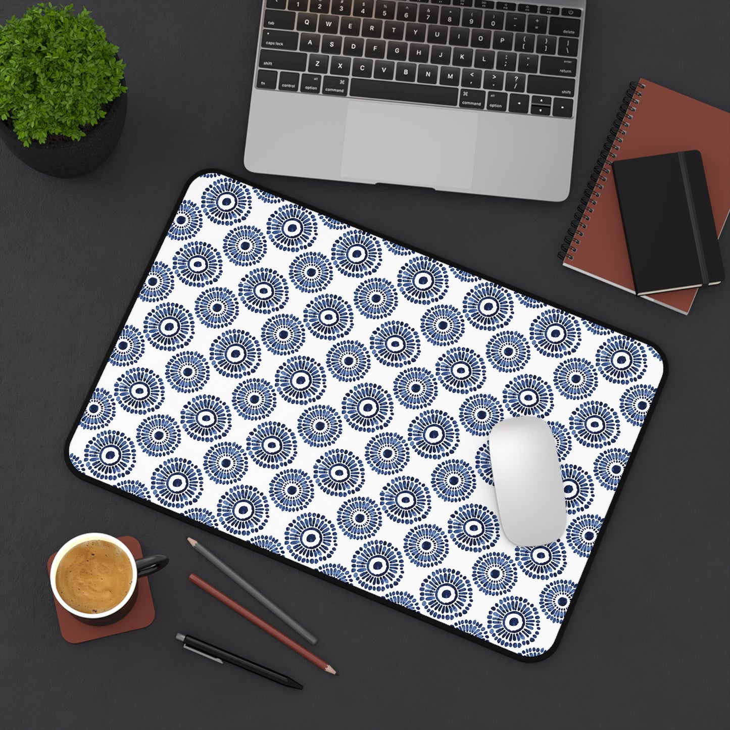 Indigo Sunburst Simple Folk-Inspired Dot Pattern Design Extended Gaming Mouse Pad  Desk Mat  - 3 Sizes