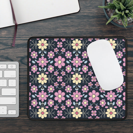 Charming Pastel Pink and Yellow Flowers on Navy Blue Background Gaming Mouse Pad with Finished Edges