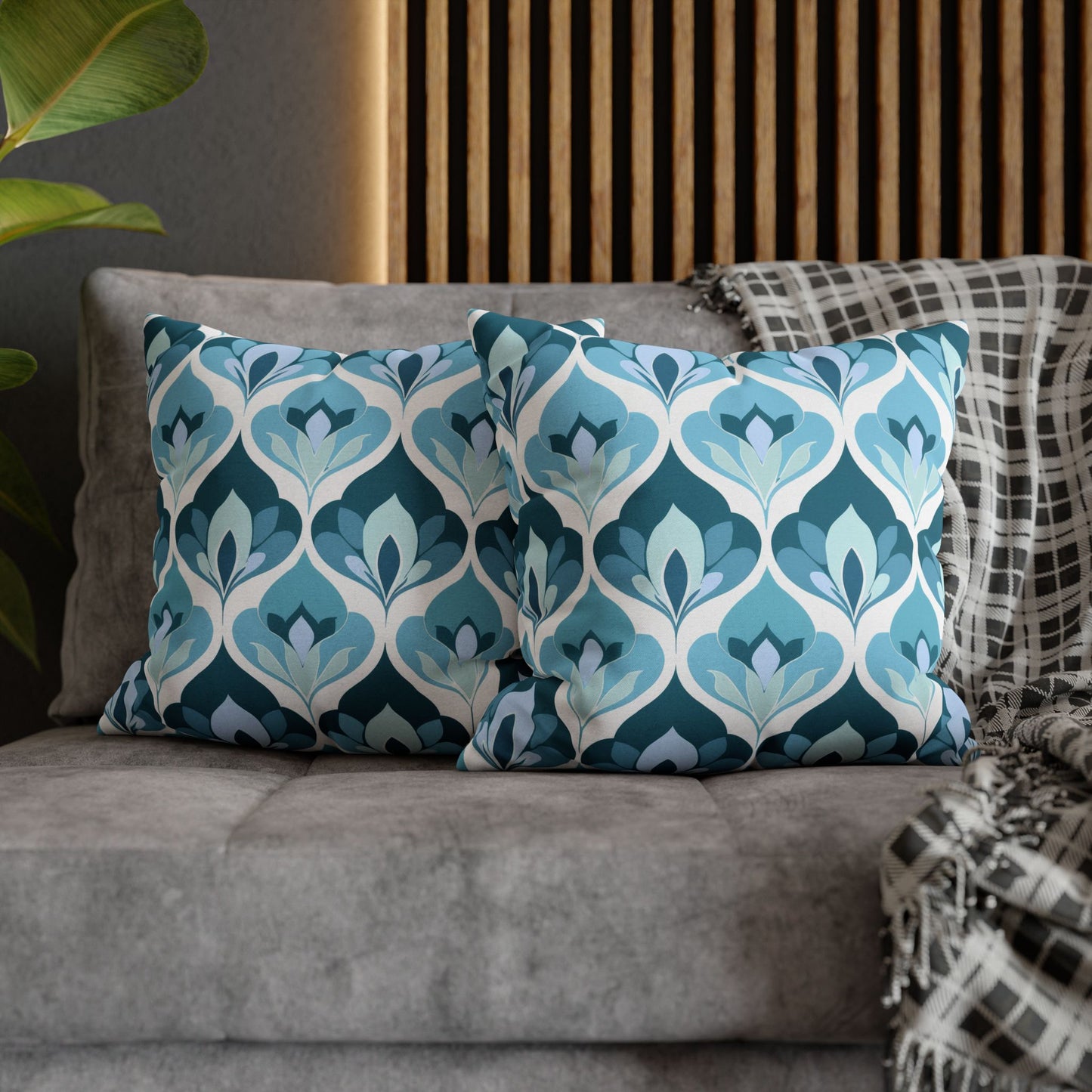 Serene Leaf Motifs Cascading in Cool Hues of Oceanic Blues Spun Polyester Square Pillowcase 4 Sizes