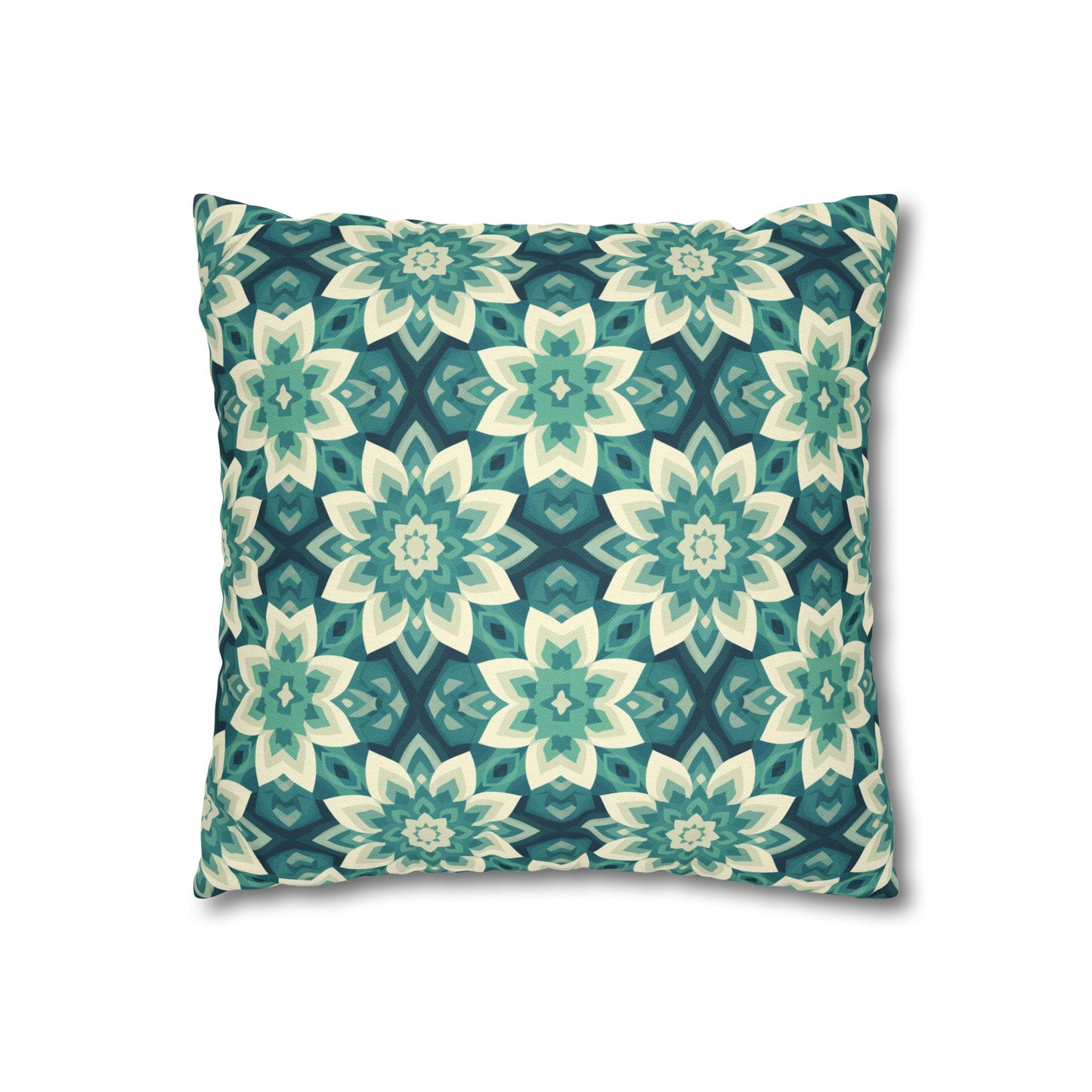 Intricate Aqua and Teal Mandala Floral Pattern Spun Polyester Square Pillowcase 4 Sizes