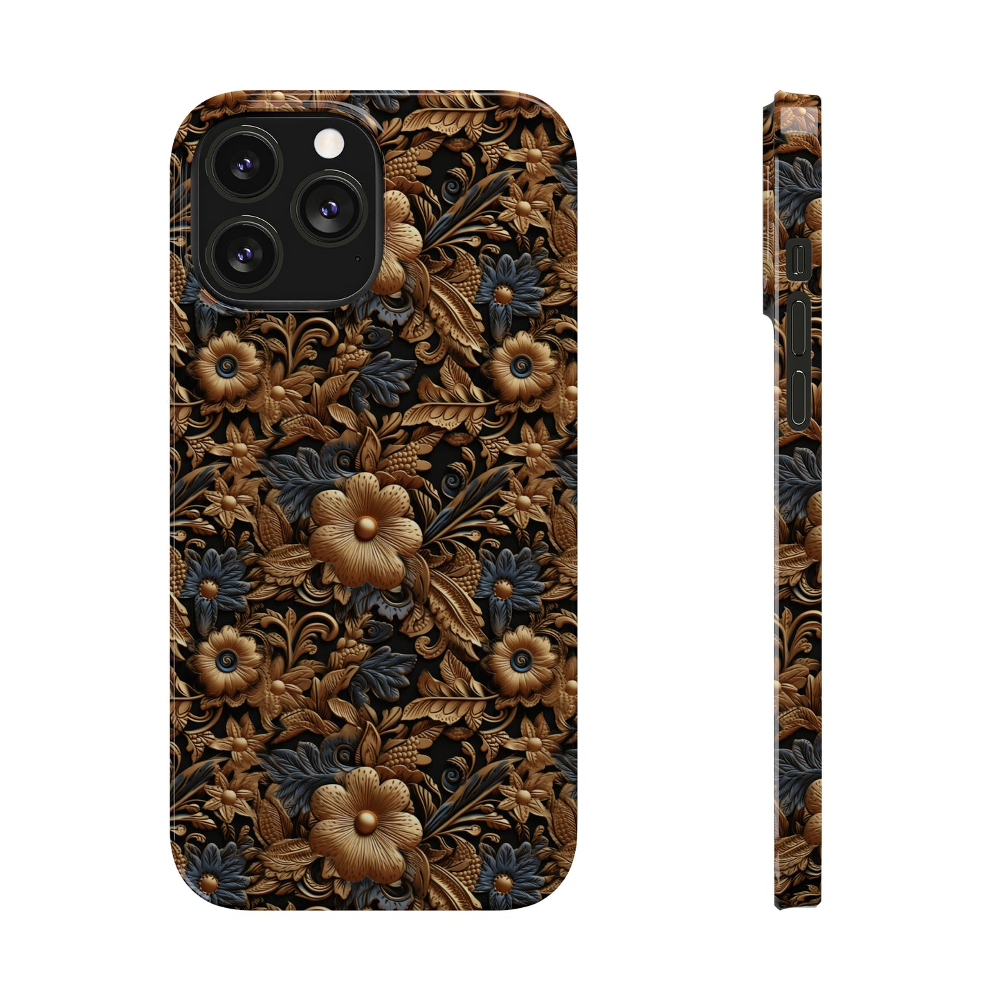 Tooled Leather Gold Flowers with Blue Leaves Accent Print Design Iphone 15-12 Slim Phone Case