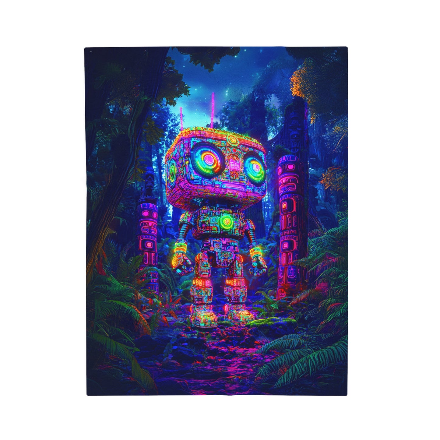 Vibrant Robotic Sentinel Amidst the Mystic Wilderness Velveteen Plush Blanket 3 Sizes