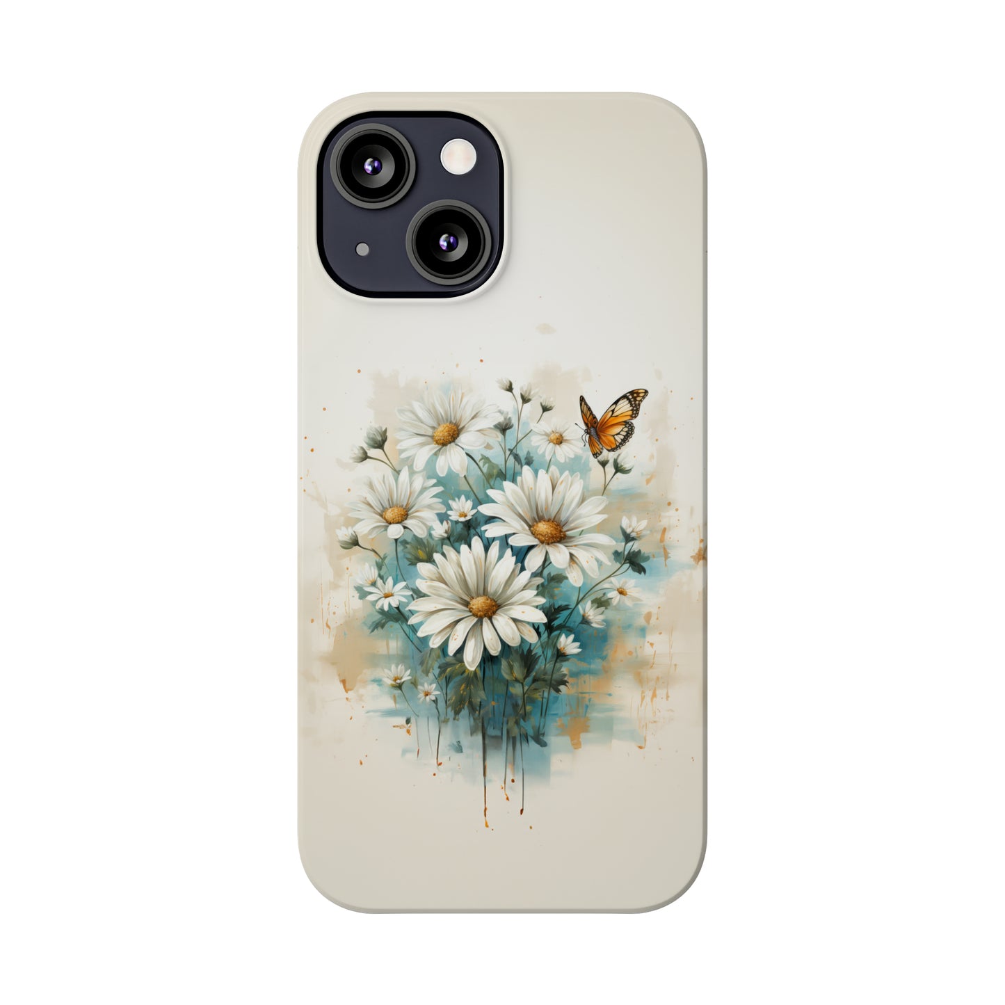 Rustic Farmhouse Teal and White Wild Daisies and Butterflies Iphone 15-12 Slim Phone Case