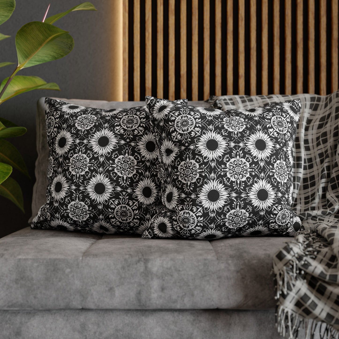 Elegant Mandala Design with Black and White Sunflowers Spun Polyester Square Pillowcase 4 Sizes