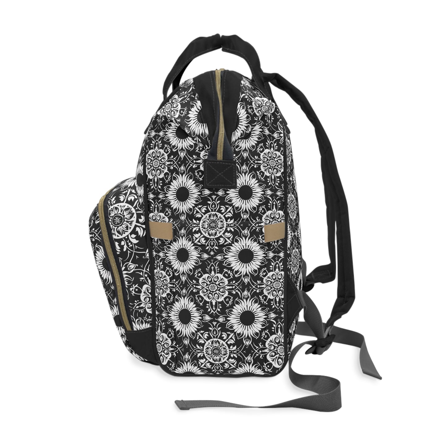 Elegant Mandala Design with Black and White Sunflowers Multifunctional Diaper Backpack