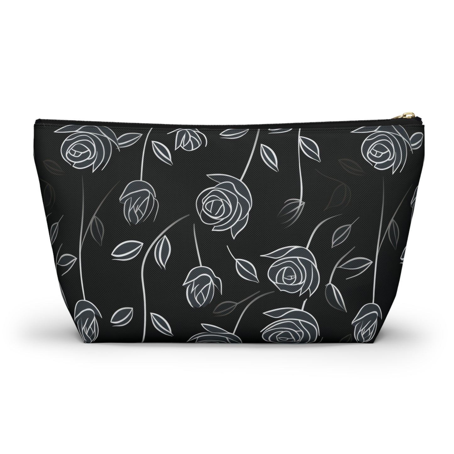 Contrasting Elegance: White Outlined Roses on a Black Background  - Makeup & Accessory Bag 2 Sizes