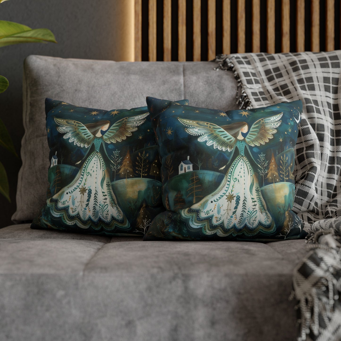 Starry Serenade: Angel in Flowing Dress Amidst a Starry Night Spun Polyester Square Pillowcase 4 Sizes