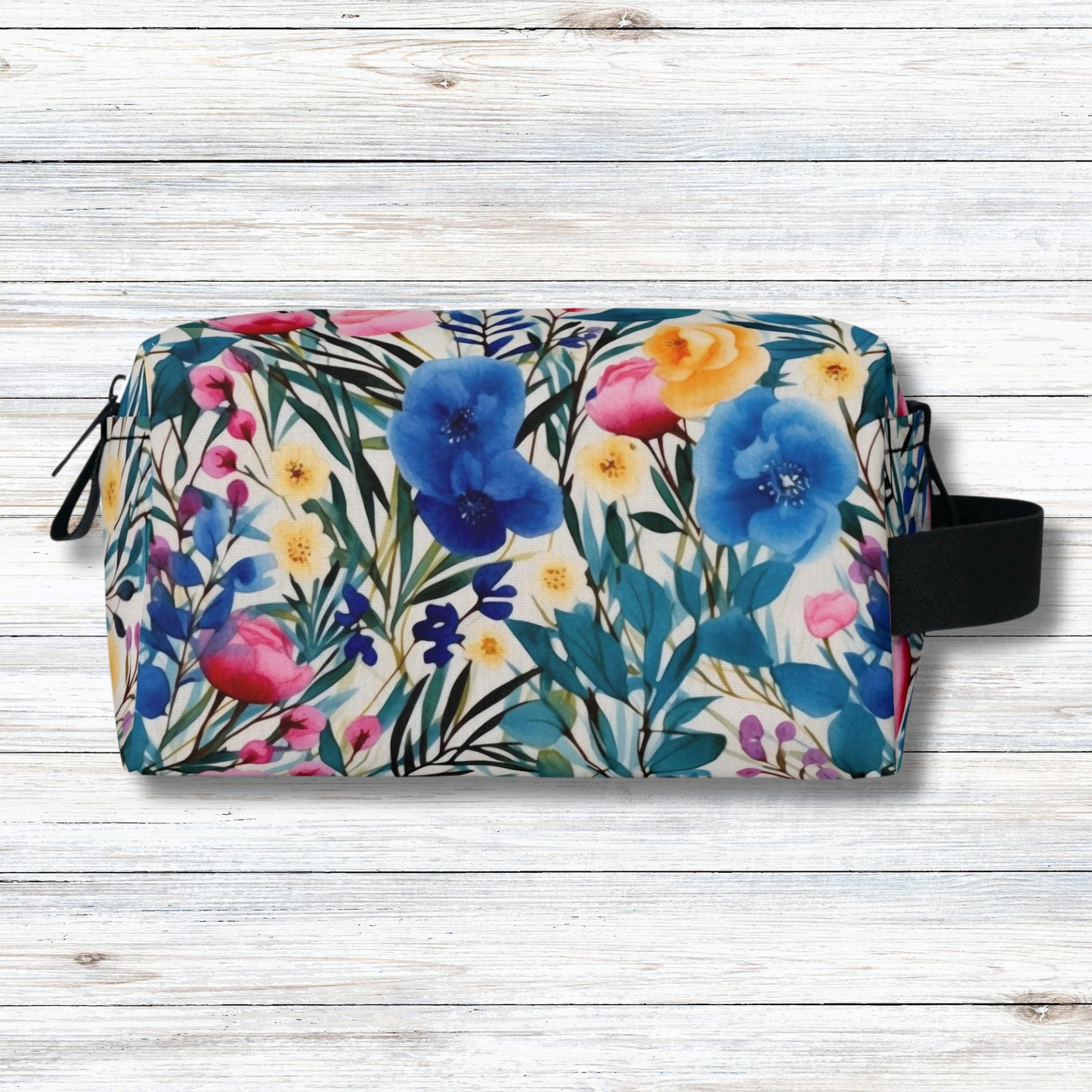 Blooming Brilliance: Large Watercolor Floral Design in Blue, Yellow, and Pink Toiletry Bag