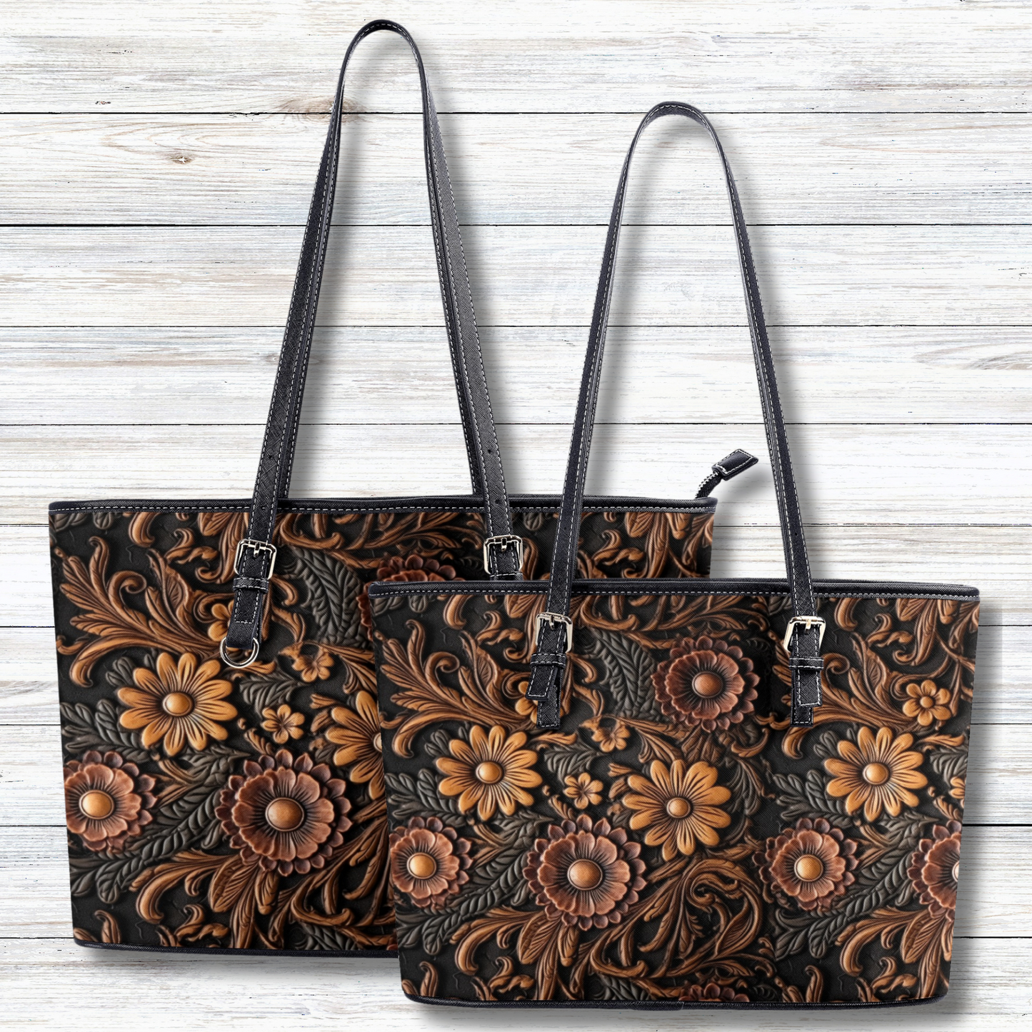 Tooled Leather Large Red & Gold Flowers with Blue Accents Print Design Professional Tote Bag Faux Leather (PU) - 2 Sizes