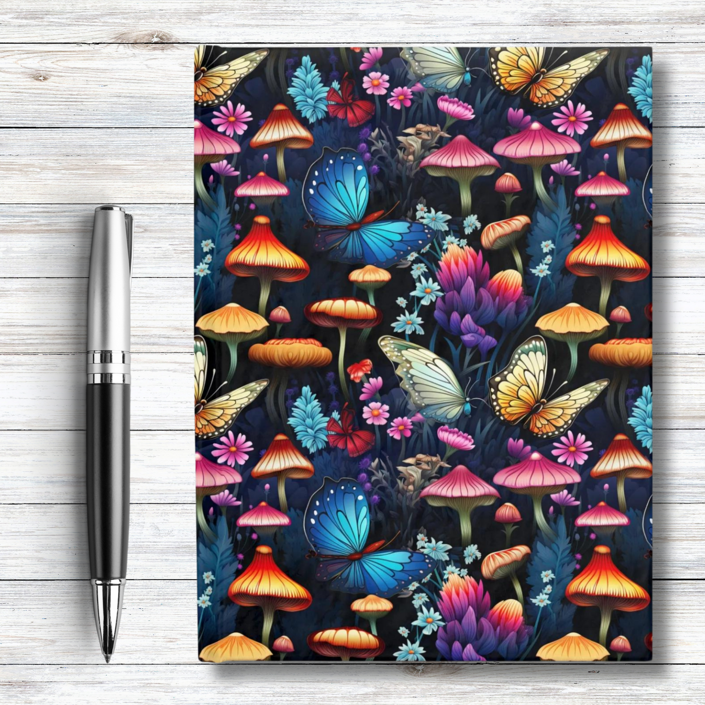 Neon Nocturne: Illuminated Butterfly and Mushroom Silhouettes Against the Night Sky - Hardcover Ruled Line Journal 5" x 7"