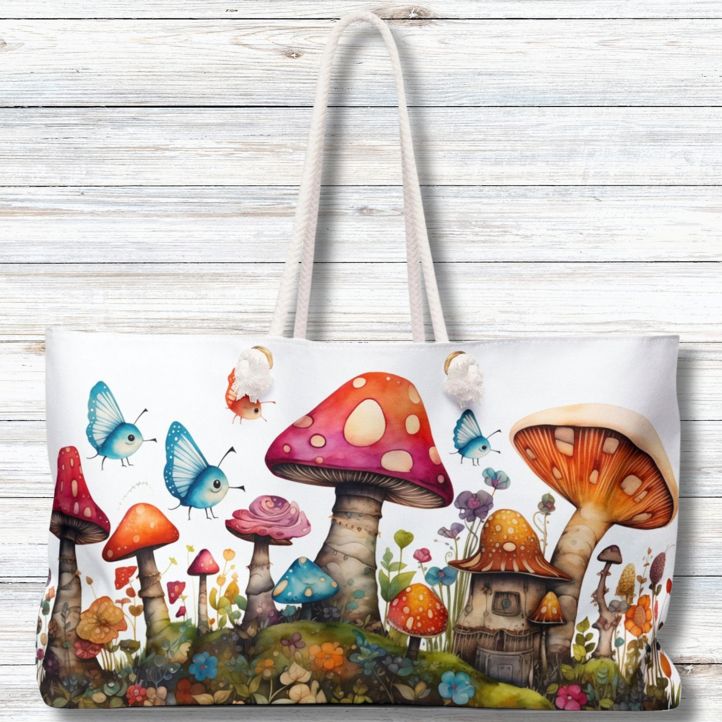 Enchanting Mushroom Cottage Adorned with Butterflies and Toadstools - Weekender Oversized Canvas Tote Bag 24" × 13"