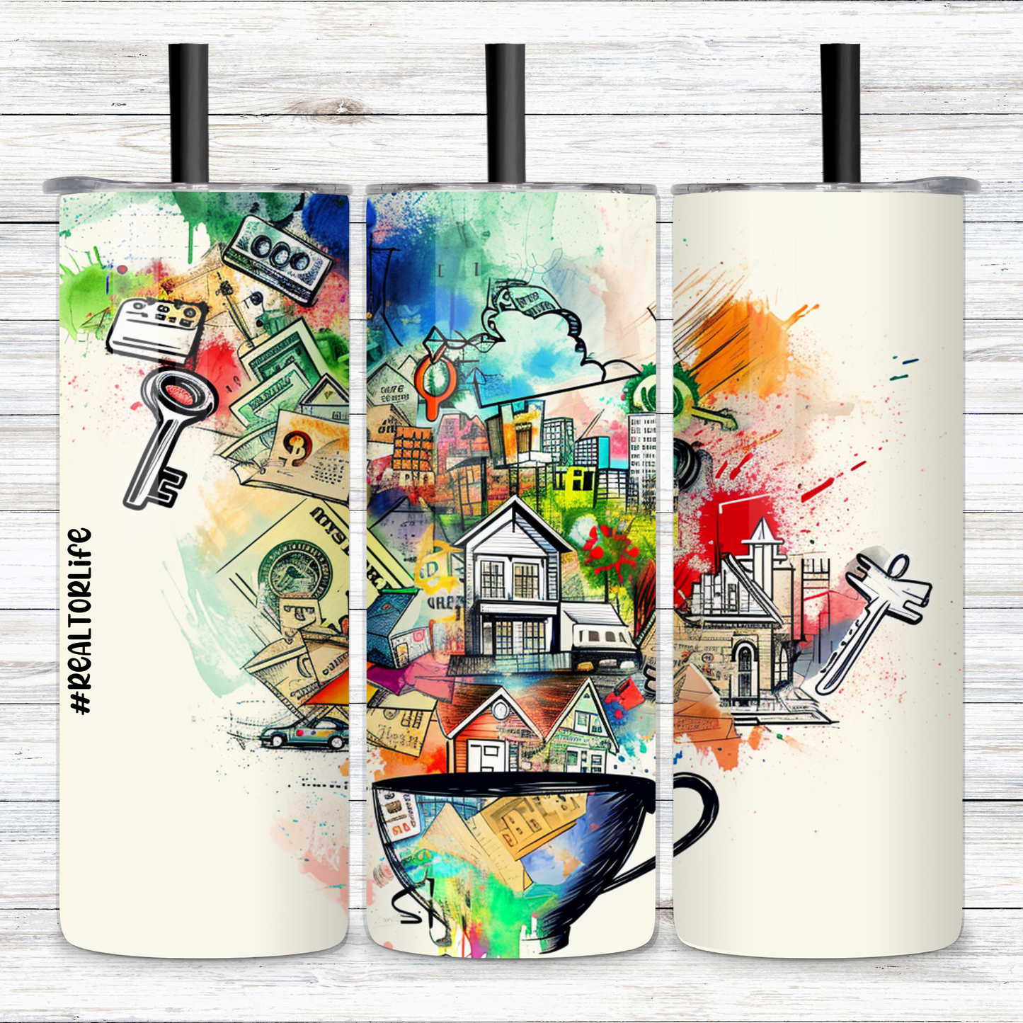 Vibrant Collage Real Estate and Realtor Life 20oz Skinny Tumbler with Straw