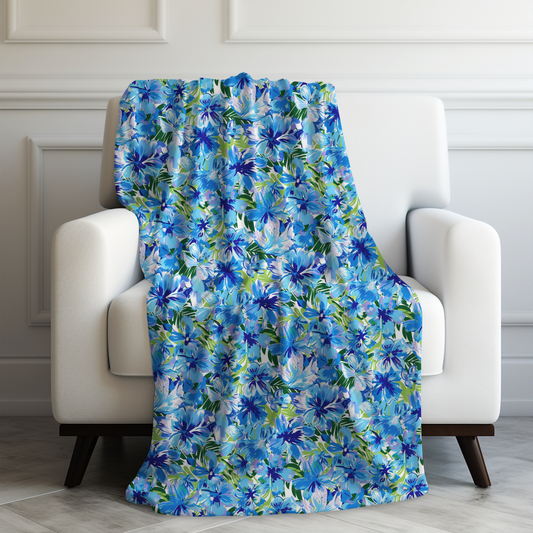 Azure Bloom Oasis: Bright Blue Large Flowers with Lush Green Palm Leaves Velveteen Plush Blanket 3 Sizes