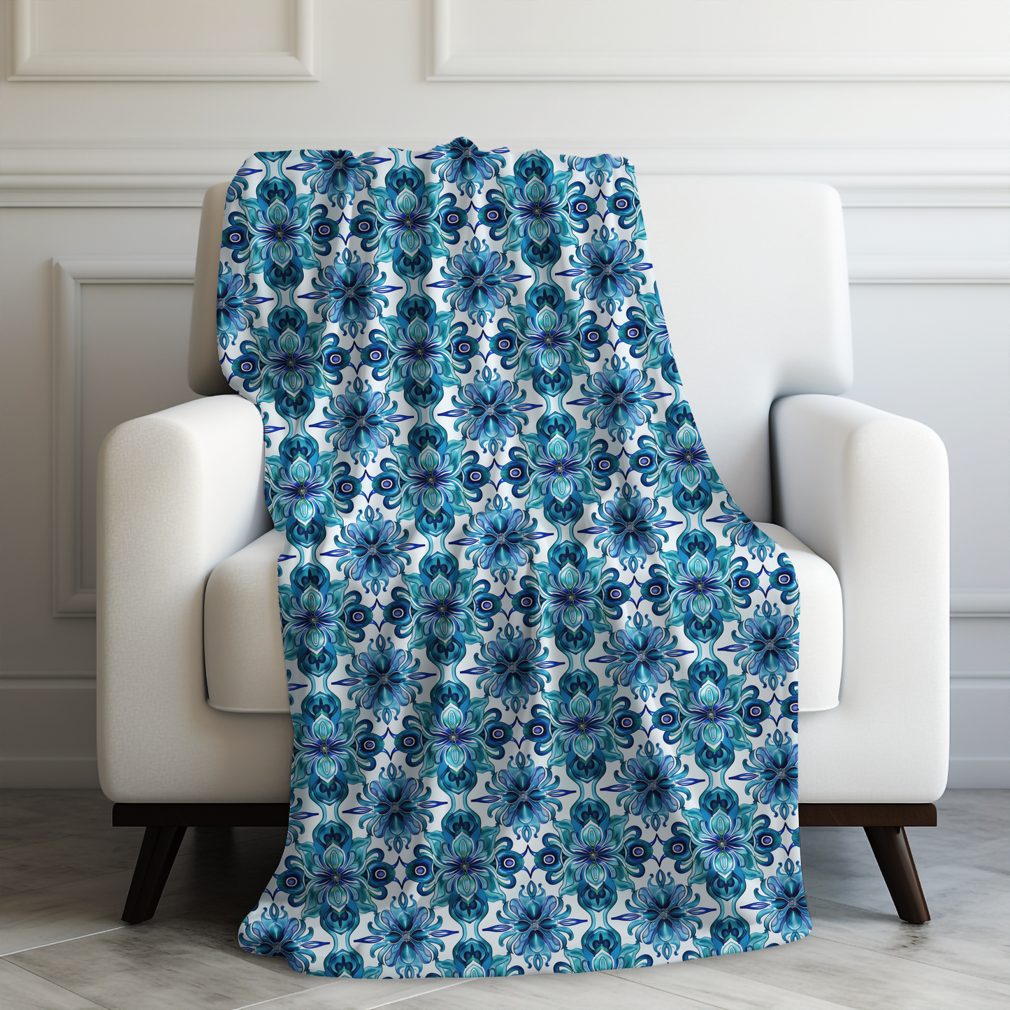 Blossom Symphony of Blue Teal Intricate Floral Pattern Velveteen Plush Blanket 3 Sizes