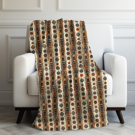 Bohemian Intricate Geometric and Floral Folk Design in Burnt Orange, Deep Brown, and Creamy Beige Velveteen Plush Blanket 3 Sizes