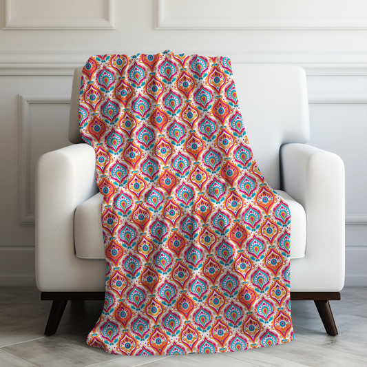 Bohemian Rapture of Floral Harmony in Lush Tangerine and Cerulean Velveteen Plush Blanket 3 Sizes