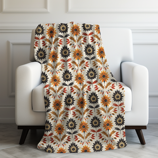 Autumn-Inspired Bohemian Floral Pattern Burnt Orange, Deep Brown and Creamy Beige Velveteen Plush Blanket 3 Sizes