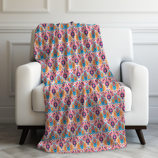 Bohemian Rhapsody Exquisite & Colorful Boho Pattern of Bold Hues of Blue, Pink, and Orange Velveteen Plush Blanket 3 Sizes