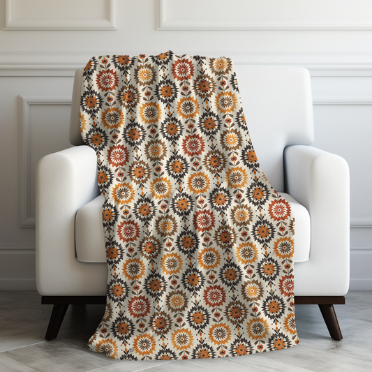 Boho Chic Earth Tone Floral and Folk Art Design in Burnt Orange, Deep Brown, and Creamy Beige Velveteen Plush Blanket 3 Sizes