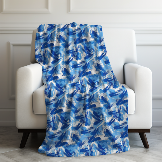 Bold Blue and White Abstract Brushstroke Pattern Velveteen Plush Blanket 3 Sizes