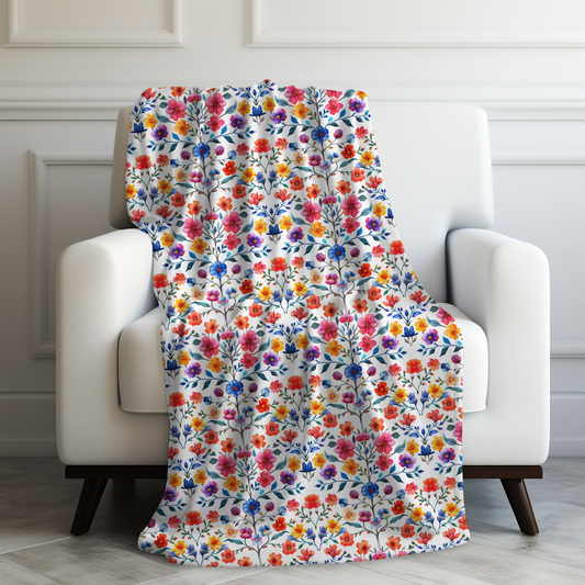 Botanical Symphony with Vibrant Watercolor Flowers Velveteen Plush Blanket 3 Sizes