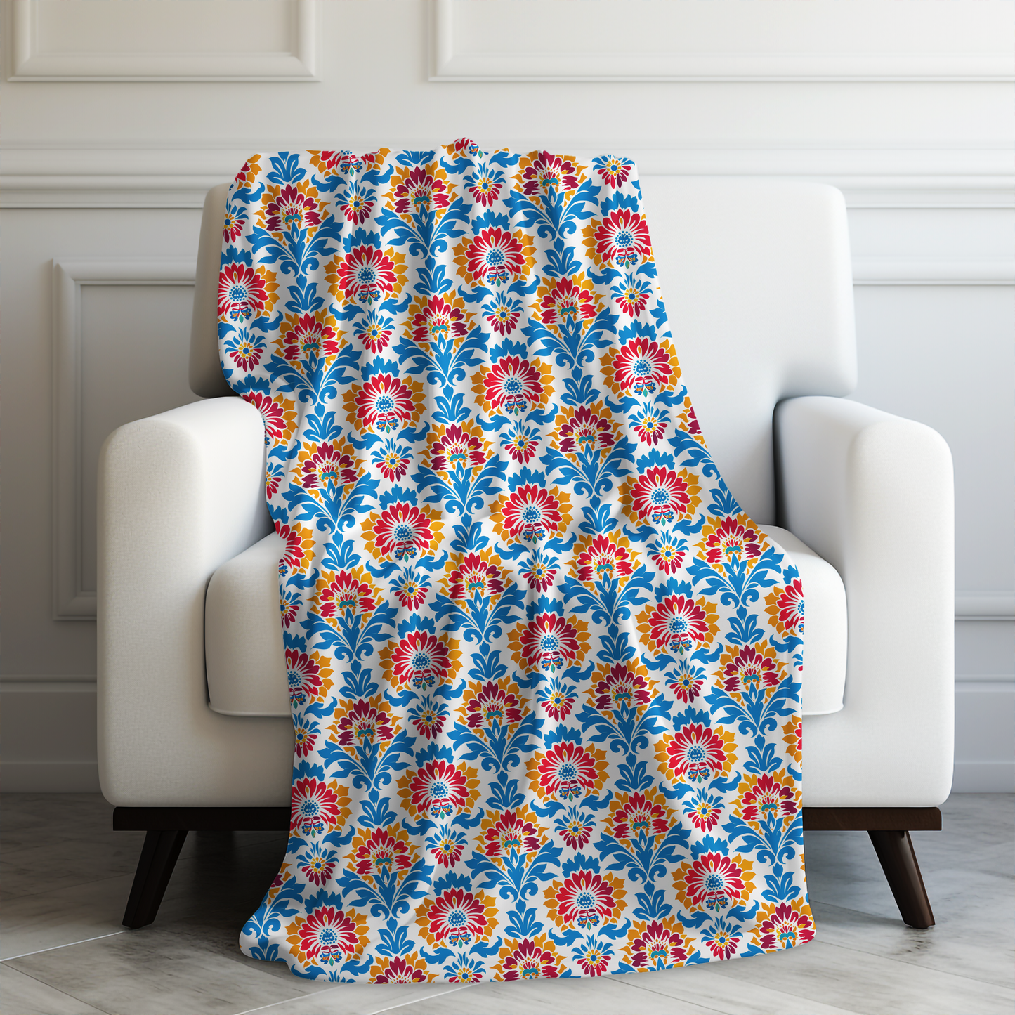 Bright Bouquet of Whimsy in Lively Hues of Red and Blue Flowers with Yellow Accents Velveteen Plush Blanket 3 Sizes