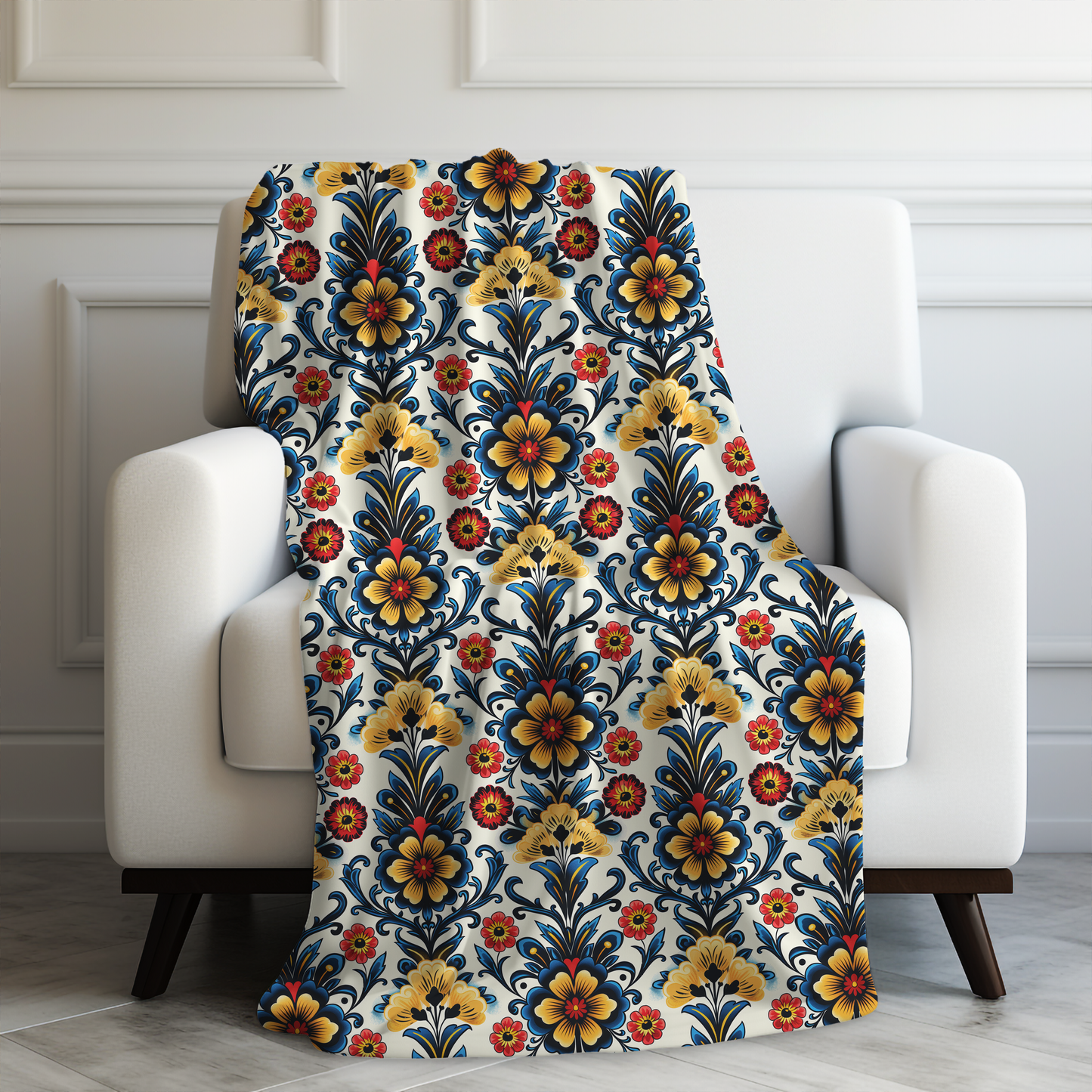 Baroque Blossom of Floral Elegance in Deep Blues and Sunny Yellows Velveteen Plush Blanket 3 Sizes